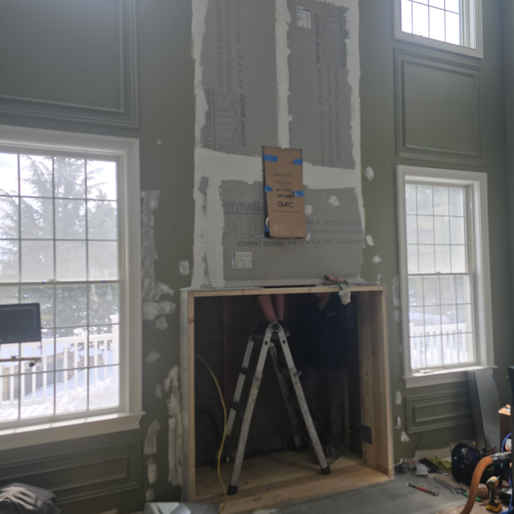 During construction — drywall demo and framing