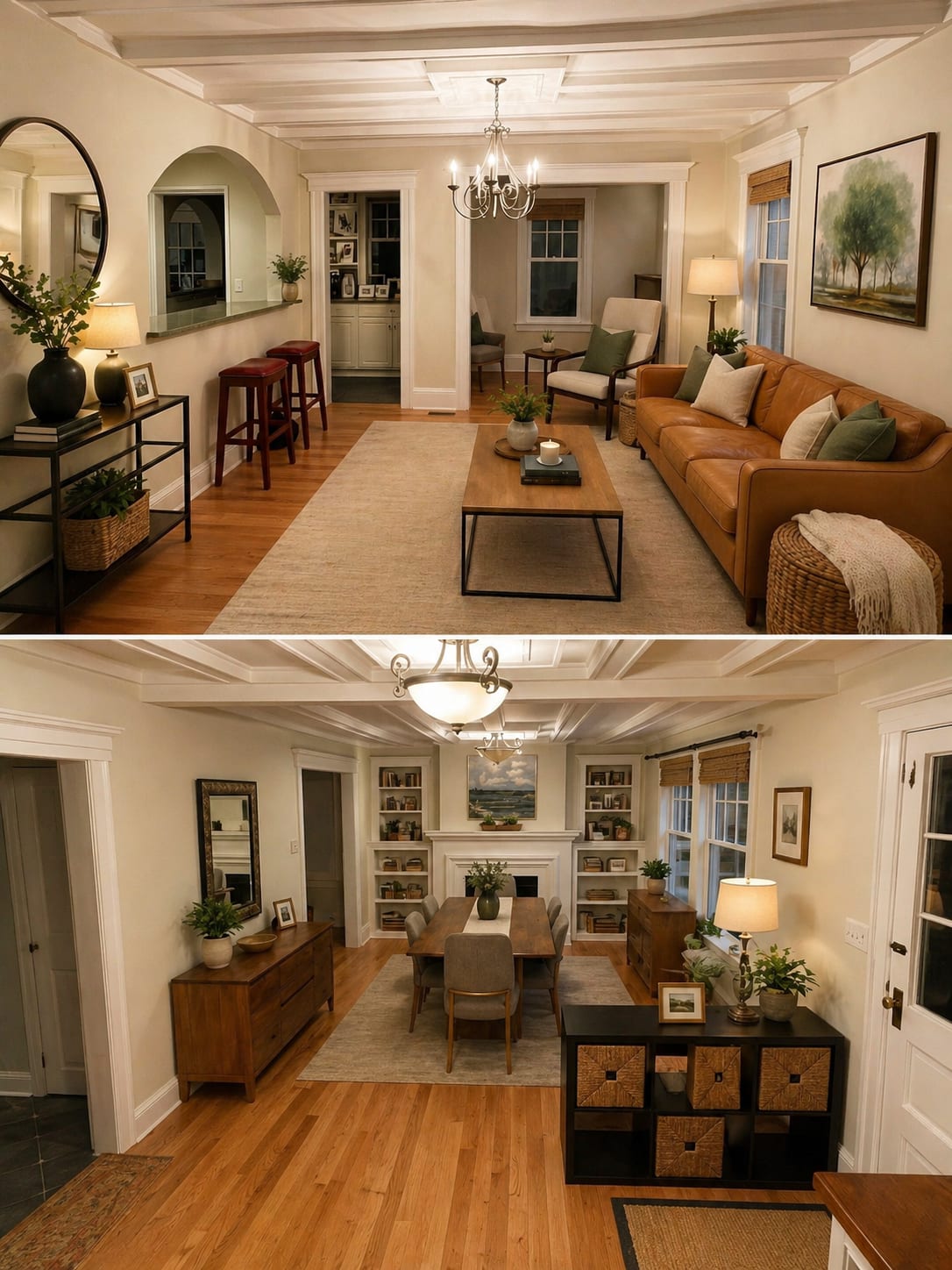 Period charm — coffered ceilings, leather couch, dining nook with built-ins